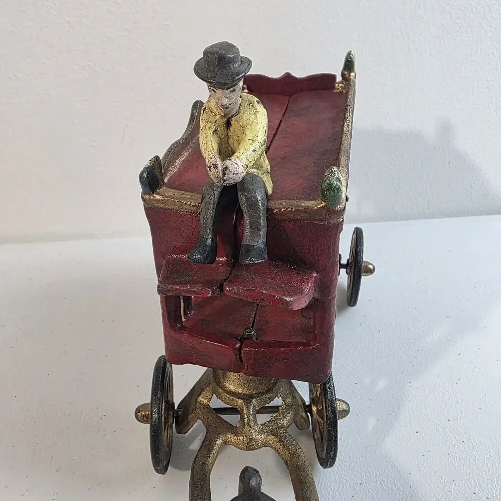 Vintage Cast Iron Horse Drawn OVERLAND Circus Wagon Toy With Tiger & Driver Read